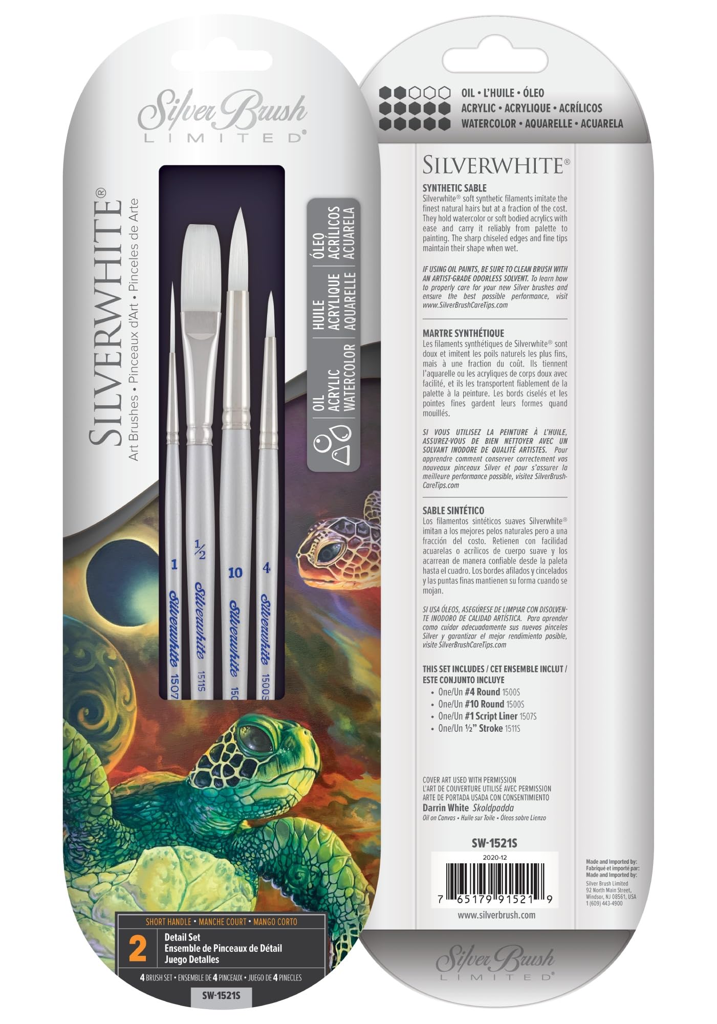 Silver Brush Limited SW-1521S Silverwhite Detail Set, 4pc Professional Paint Brush Set, Script Liner, Stroke, and Round Japanese Synthetic Filament Acrylic and Watercolour Brushes, Short Handle