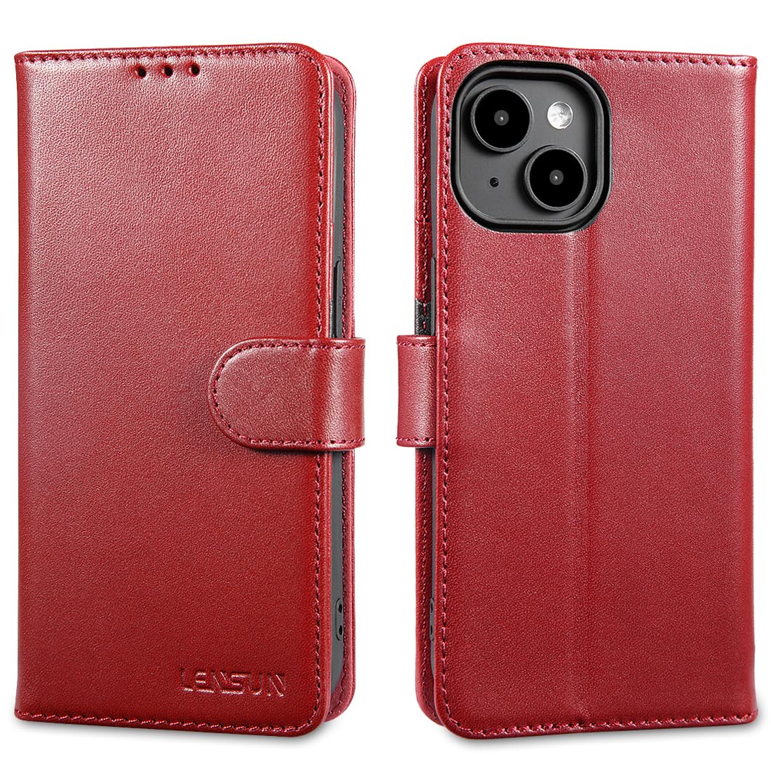 LENSUN Case for iPhone 15, Genuine Leather Wallet Phone Flip Cover [RFID Blocking] with Card Holder and Magnetic Closure Compatible with Apple iPhone 15 5G - Wine Red