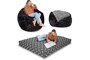 CordaRoy's Faux Fur Bean Bag-Convertible Bean Bag Chair & Bed-Machine-Washable Faux Fur Fabric Cover for Basement, Living Room, Game Room, Dorm & More - King Size - Black | Made in The USA