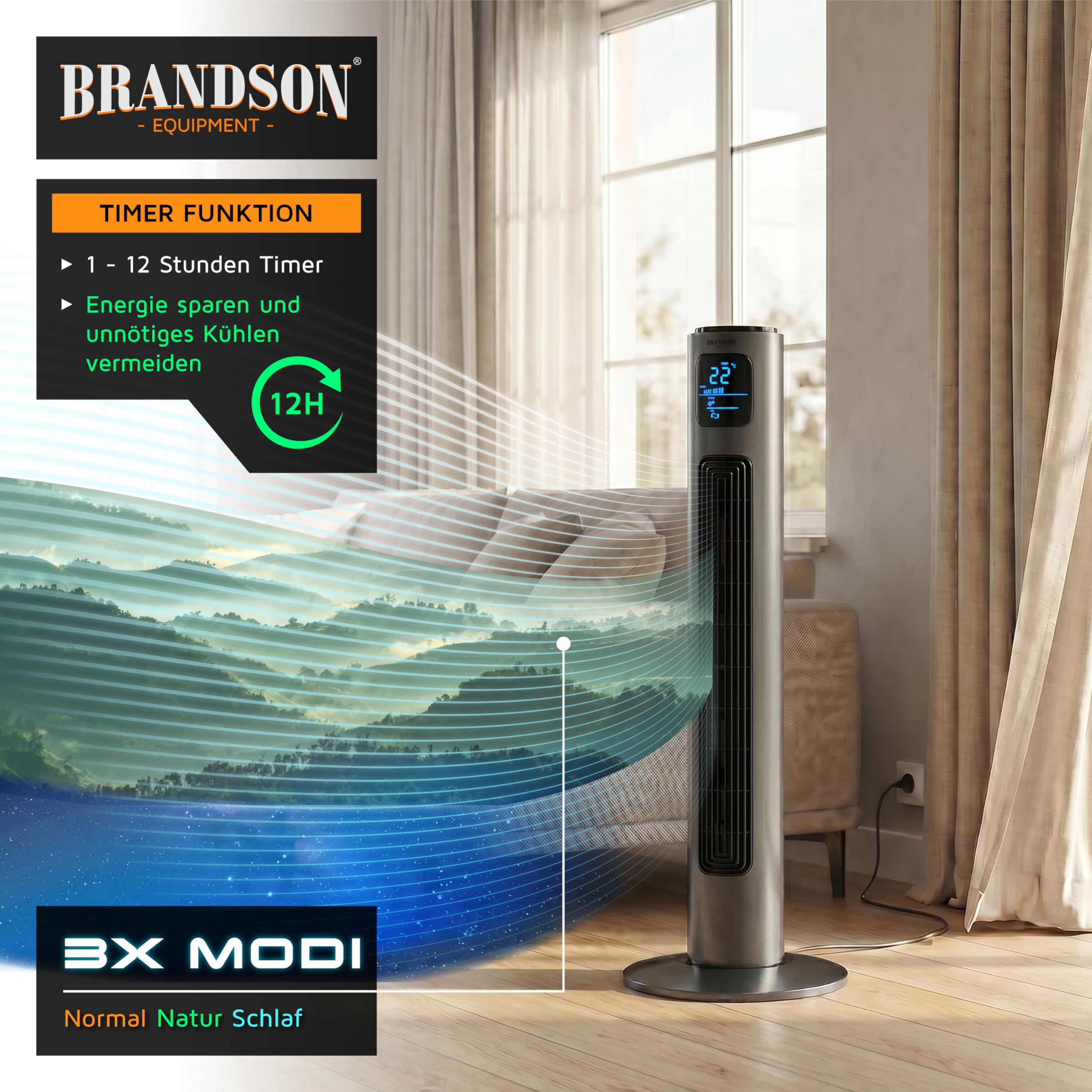 Brandson - Turmventilator mit Fernbedienung 96 cm - Preisträger 2026 - mobiler Lüfter leise - Standventilator mit Oszilation - 3 Geschwindigkeiten 3 Lüftungs-Modi Timer - Ventilator mit GS - Cool Grey 4