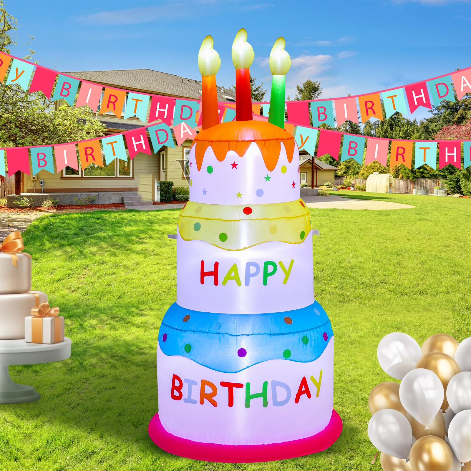 Photo 1 of SHDEJTG 6Ft Inflatable Happy Birthday Cake Decorations Outdoor Lighted Blow Up Holiday Birthday Party Decor with Candles for Happy Birthday Party Outdoor Indoor Garden Yard Lawn Decor