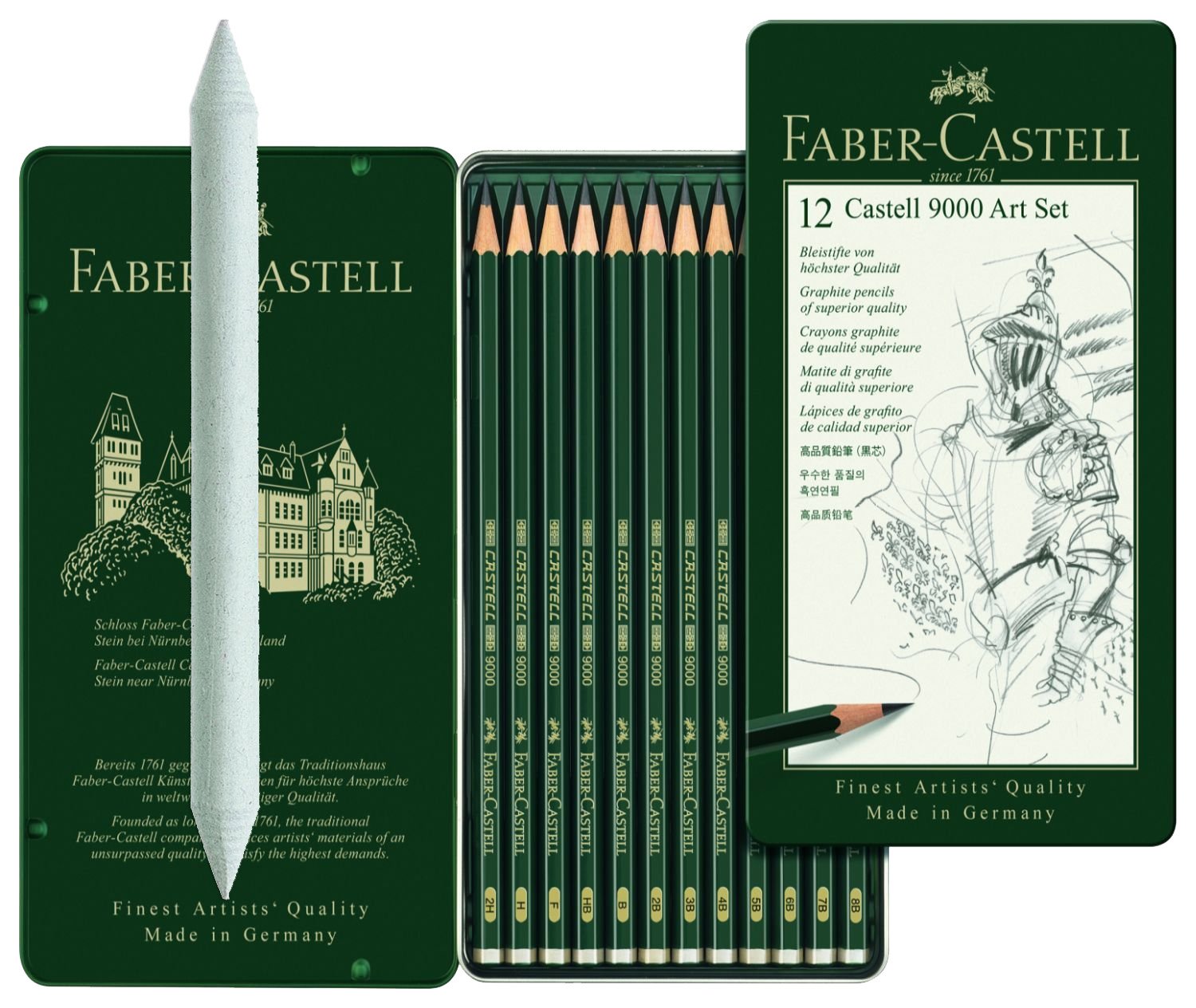 Faber-Castell pencil set 119065 Castell 9000 art set of 12 pencils, 8B – 2H leads with matching 122780 smudge tool