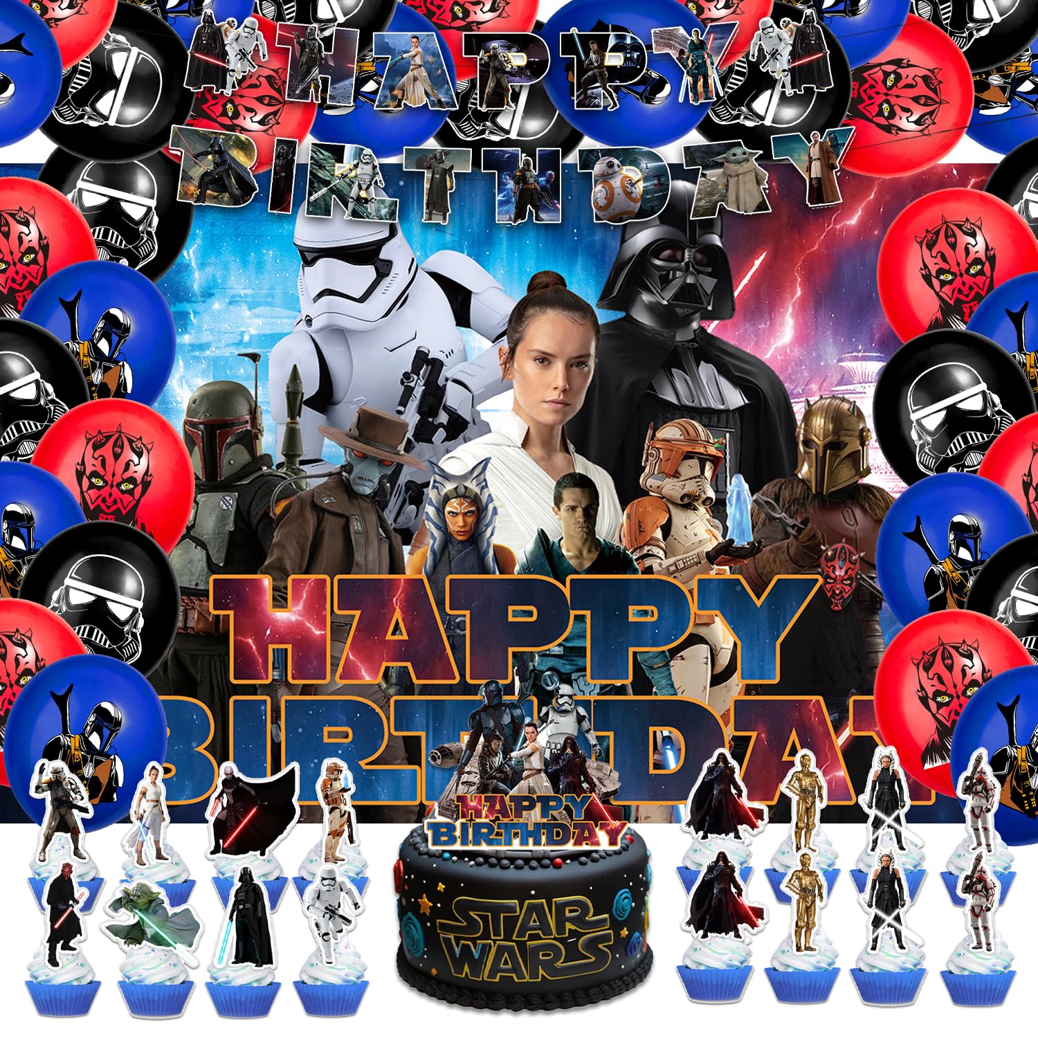 Photo 1 of 42pcs Star-Wars Party Supplies Pack Includes?Banner?Cake Topper?Blackdrop,Balloons for star-Wars party decoration