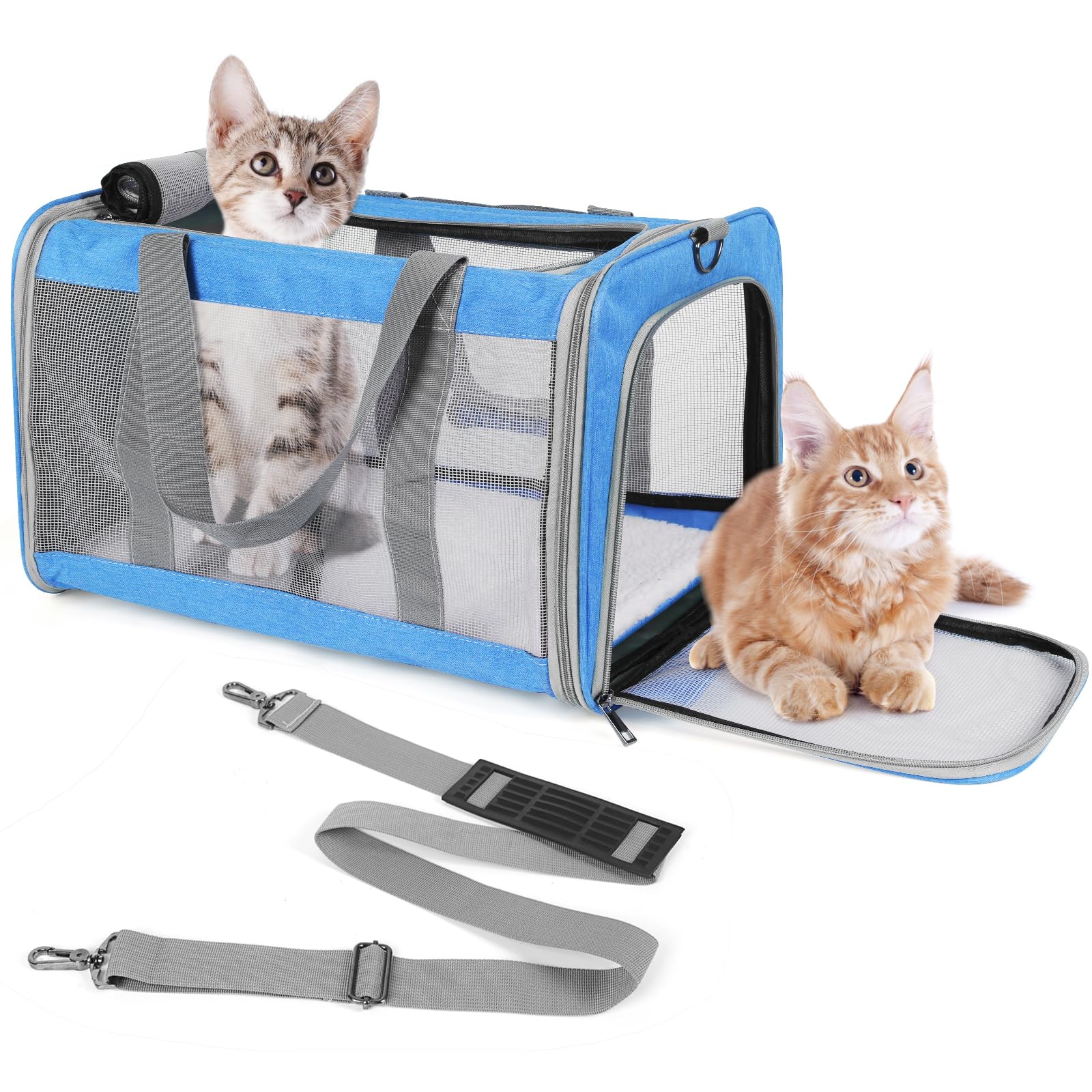 TIYOLAT Pet Carrier for Large Cats of 20 Lbs, Collapsible Carrier Bag for Big Cat or 2 Kittens,Soft Sided Puppy Carrier with Sturdy Travel Transport Strap, Adequate Ventilation, 4 Mesh Windows (Blue)