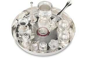 BENGALEN Silver Plated Pooja thali Set 8 Inch with Plate Kalash Bowl Agarbatti Stand Palli Diya Kumkum Stand Coin Puja Thali for Diwali Home Mandir Office Wedding Return Gift Items