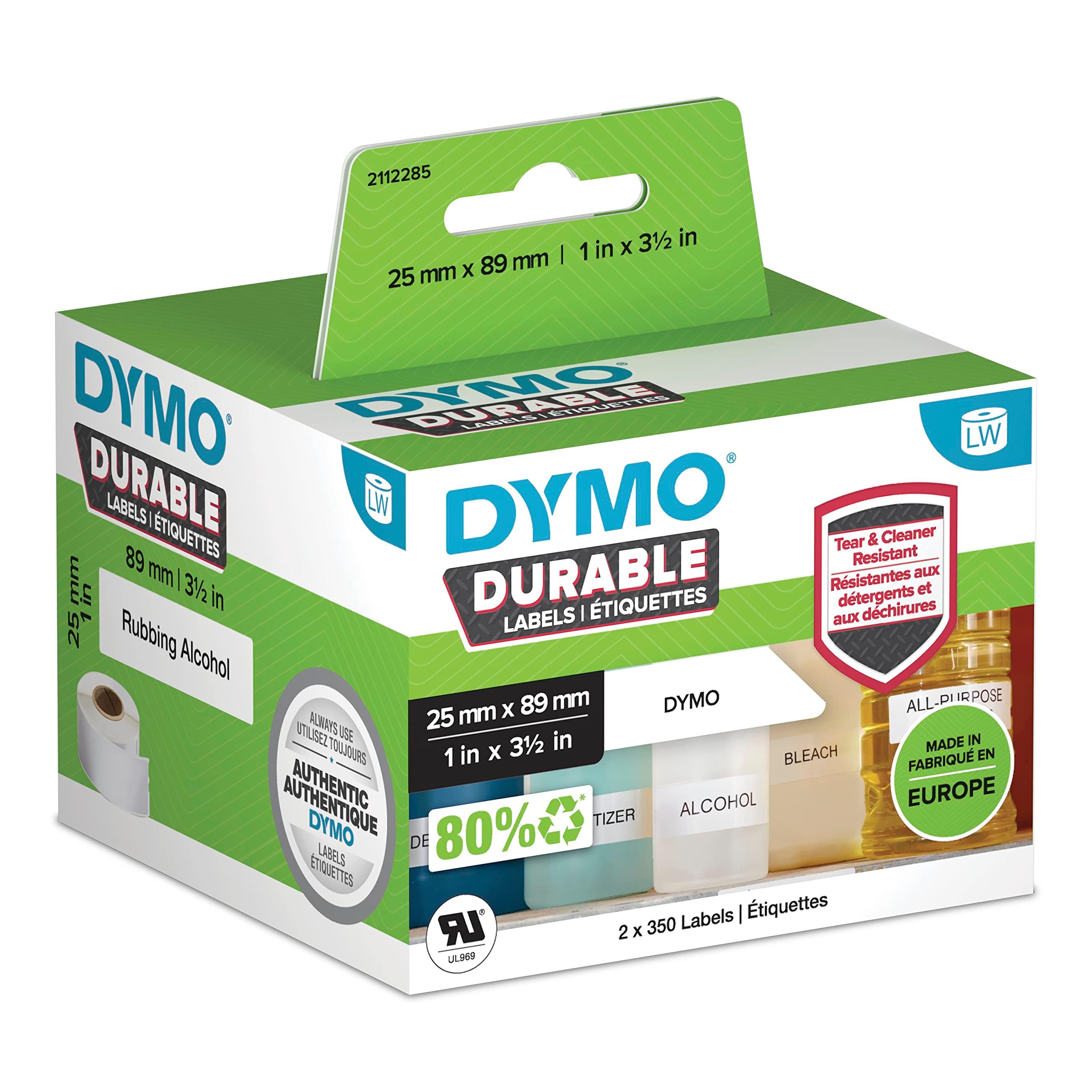 DYMO LW Durable Industrial Labels for LabelWriter Label Printers, White Poly, 25 x 89 mm, 2 Rolls of 350