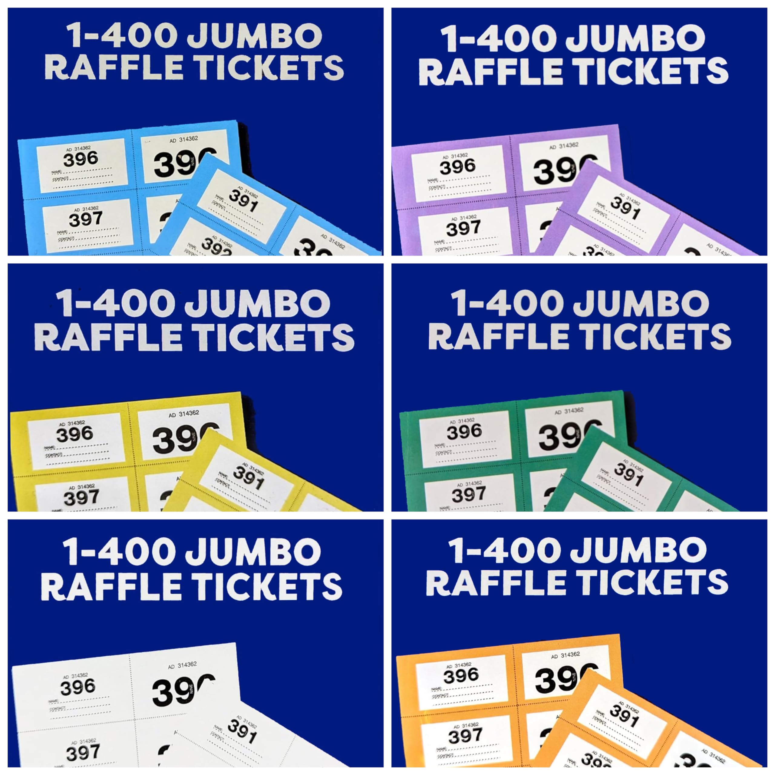 6-Pack Extra Large Raffle & Cloakroom Ticket Books (1-400) – Jumbo 7x4cm Perforated Ticket Stubs – Blue, Purple, Yellow, Green, White & Orange – Easy Read -Ideal for Fundraisers & Cloakroom