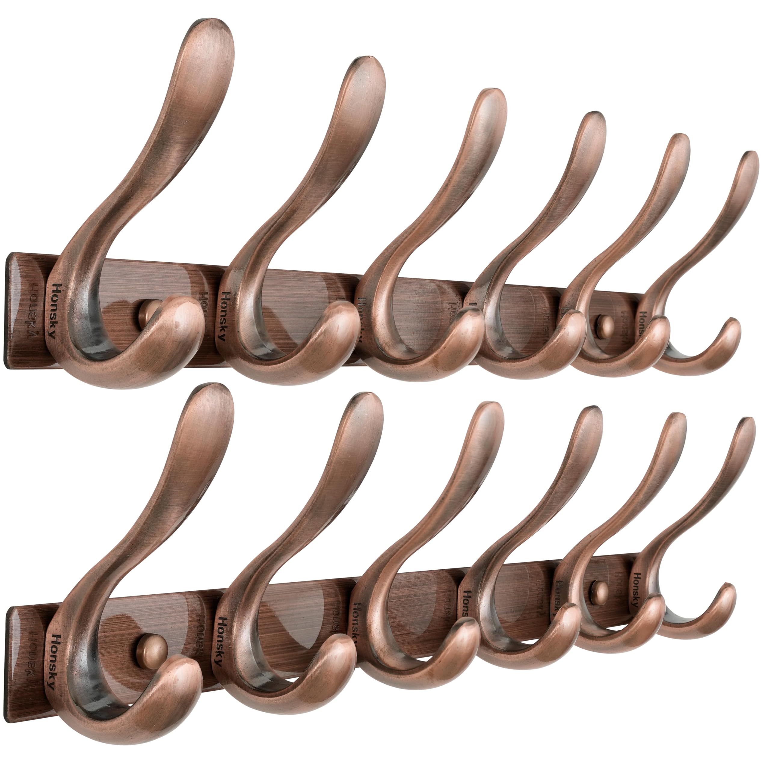 HONSKY Wall Coat Rack- Stylish,44cm Metal Coat Hanger Wall Mounted,Heavy Duty 6 Hooks Wall Coat Hook for Hallway, Bedroom, Behind Door Hanging Coat,Clothes,Hat,Jacket,Antique Copper(2 Pack)