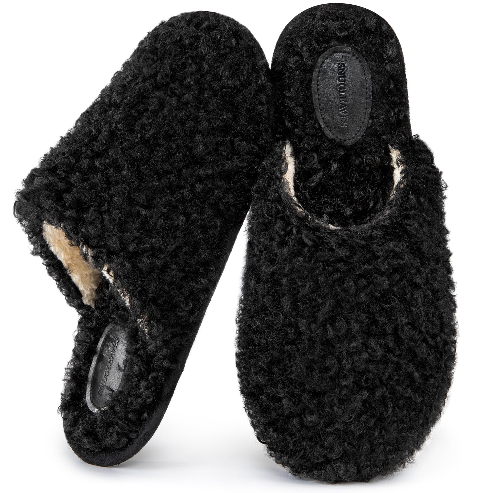 Snug Leaves Women's Scuff Slippers Furry Cute Curly Faux Wool Slip-on ...