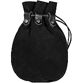 Mythrojan Suede Leather Drawstring Belt Pouch- Renaissance & Viking Coin and Accessory Waist Bag for LARP, Festivals & Reenactment : Black, 9.2” x 7.2”