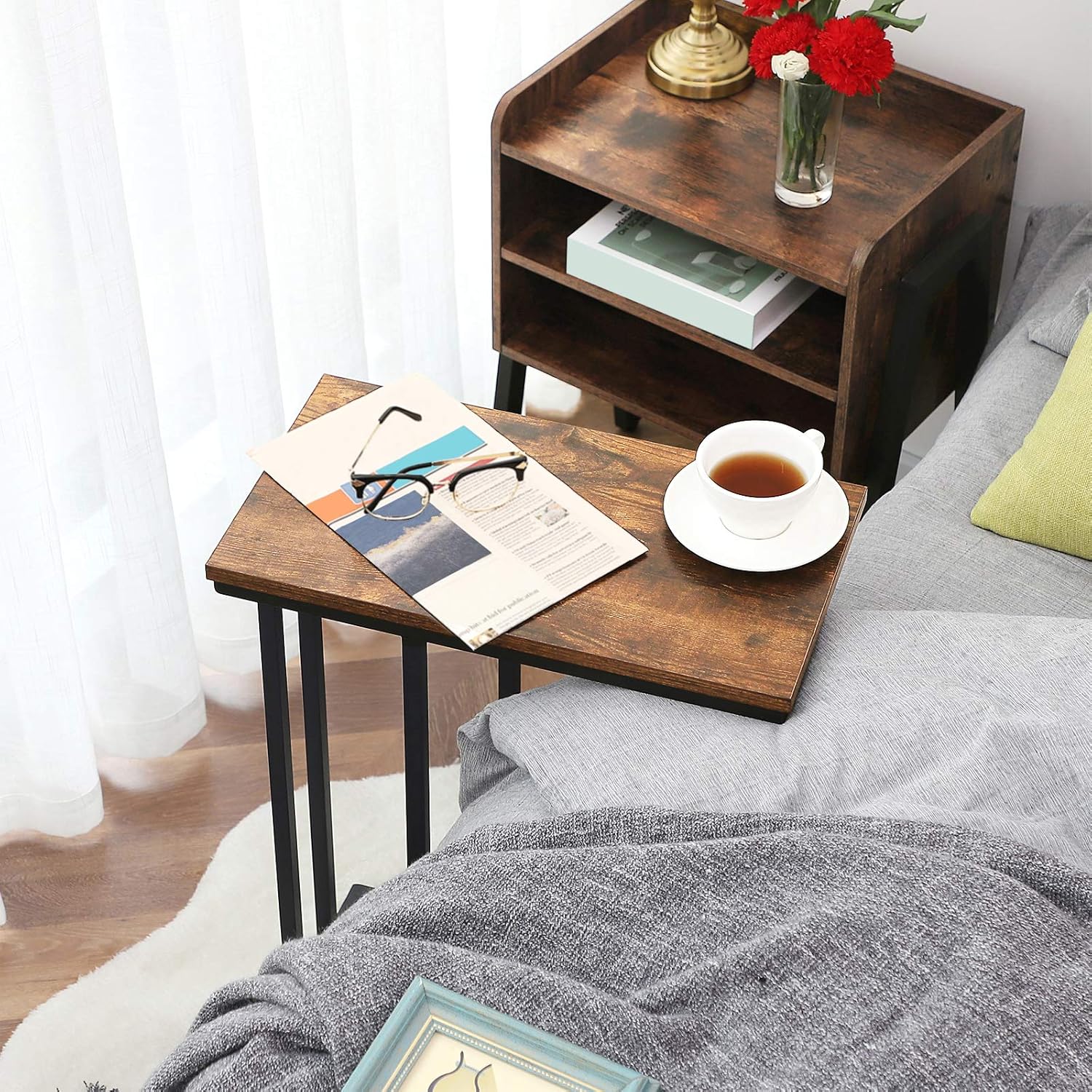 HOOBRO Side Table, Snack Table Heavy-Duty Sofa Side Table for Living Room, Bedroom, Easy Assembly, Space Saving, Wood Look Accent Furniture with Metal Frame, Rustic Brown BF02SF01: Home & Kitchen