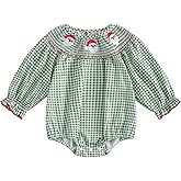 Honganda Newborn Baby Girl Christmas Outfit Plaid Smocked Bubble Romper Santa Claus Gingerbread Man Embroidery Xmas Clothes