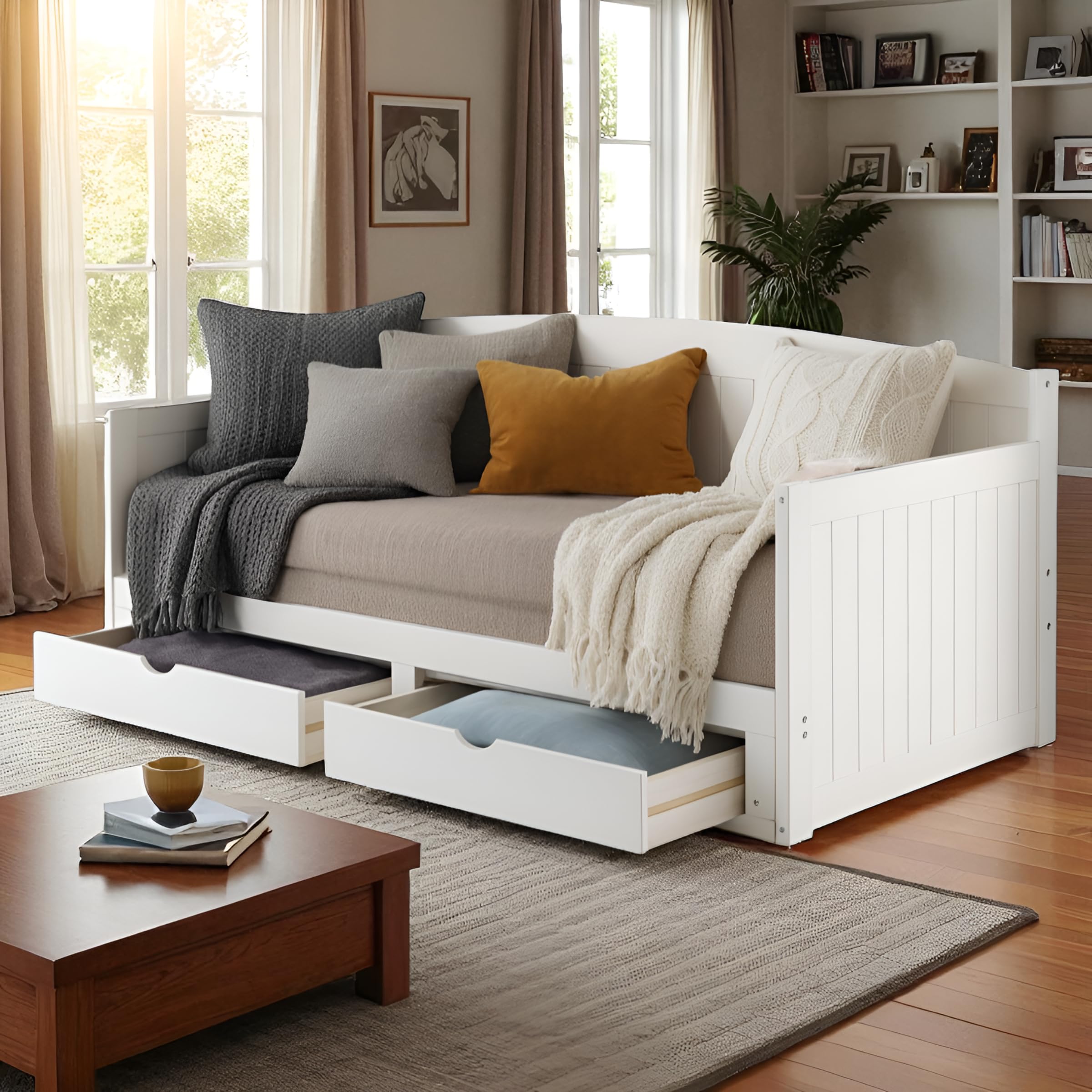 Photo 1 of Alaterre Harmony Wood Daybed with Trundle - Twin Size Day Bed with Two Pull Out Drawers, Brazilian Pine, 440 lbs Capacity - Space Saving Daybed Couch for Kids, Guest Room, Living Room - White