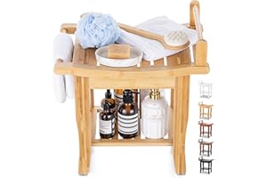 ETECHMART Bamboo Shower Bench with Storage Shelf, 2-Tier Spa Seat Bath Stool for Bathroom Bathtub Elderly Disabled Seniors Women, Inside Shower Shaving Legs, Waterproof, Natural