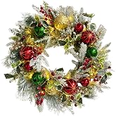 Svndlyn 24 Inch Lighted Christmas Wreath with Timer, 30 LEDs and Ornaments | Steady On and Flashing Lights, Red Green and Gold Ornaments, Snowy Pine, Holly Leaves and Red Berries for Front Door Decor