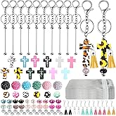 Tkifoda 112 Pcs Beadable Keychain Accessories Set 12 Beadable Keychain Bars Leopard Print Loose Beads Jesus Cross Silicone Focal Beads for Keychai Making Kit DIY Crafting Women Students Office School
