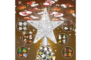 TKYHRMAS Christmas Tree Toppers Lighted with 6 Projection Modes, Christmas Star Tree Topper with Built-in LED Rotating Lights, Silver 3D Glitter Projection for Xmas Party Holiday Decorations