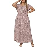 Nemidor Womens Plus Size Boho Ditsy Floral Print Casual Smocked Flared Maxi Long Dress with Pocket