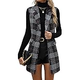 ELLEVEN Women's Long Plaid Vest Sleeveless Double Breasted Blazer Jackets Fall Trendy Coats with Pockets