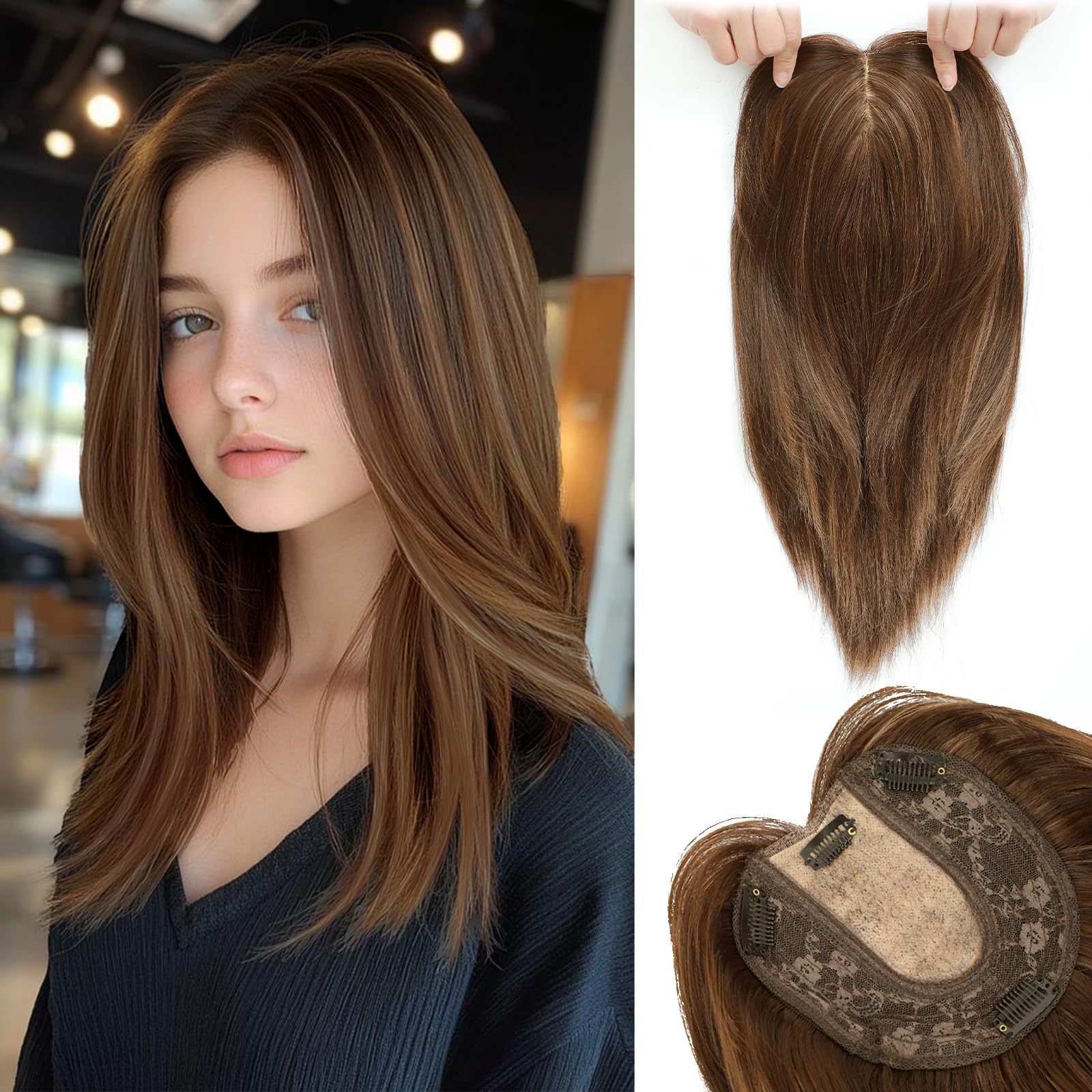Photo 1 of MEDO Hair Toppers for Women, 14 Inch Light Brown Mix Honey Blonde Short Hair Topper, Straight Toppers Hair Pieces for Women