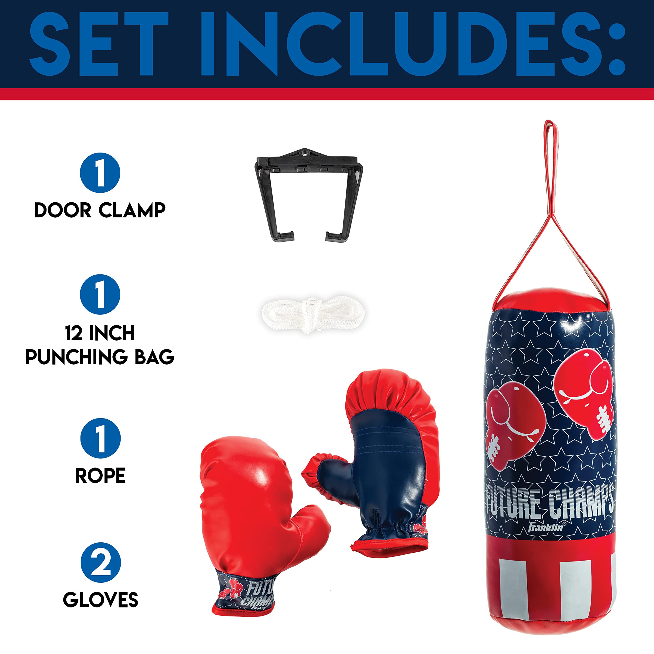 Franklin Sports Future Champs Kids’ Mini Boxing Set – Includes Kids’ Boxing Gloves – Punching Bag & Door Jam Bracket with Rope for Adjustable Punching Bag 4.75 x 4.75 x 12