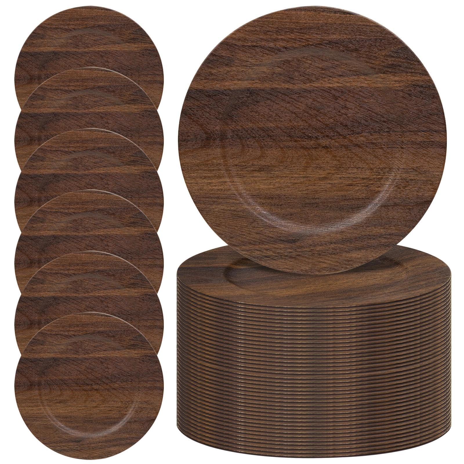 Photo 1 of MAONAME 50 PC Charger Plates Bulk, 13" Brown Charger for Dinner Plates, Farmhouse Faux Wood Plate Chargers, Plastic Table Chargers for Weddings, Party