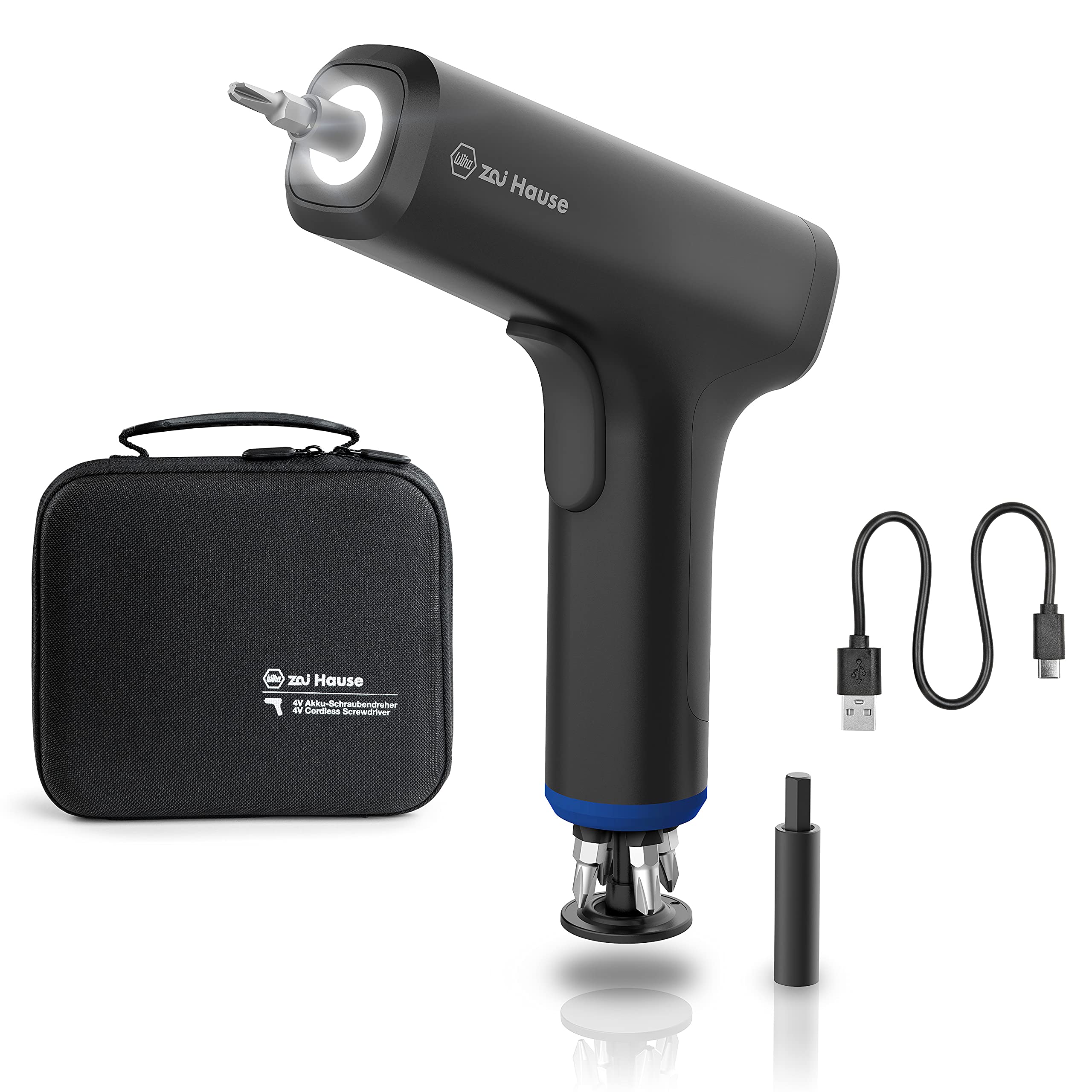 Wiha Zai Haus 4V Cordless Screwdriver with 4 Bits and USB C Charger, Mini Cordless Screwdriver, Magnetic Bit Holder, Left Rotation, Torque Display and LED Light I Drill Driver