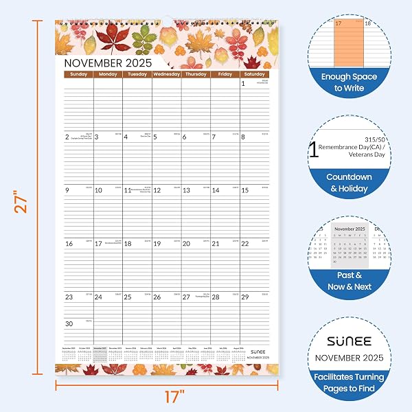 SUNEE 2026 WALL CALENDAR EXTRA LARGE 17″X27″, 21 MONTH CALENDAR (ENDS JUNE 2027), VERTICAL LARGE MONTHLY CALENDAR 2026-2027 FOR WALL, SEASONS COLOR