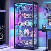 Dystler Display Cabinet with Glass Doors, RGB Lights for Collectibles | 71'' Tall with Adjustable Shelves, Human Sensor LED Lighting Curio Cabinet, Black