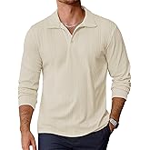 Uni Clau Mens Long Sleeve Button Down Polo Shirt Ribbed Stretch Polo T Shirt Casual Fashion Golf Shirts