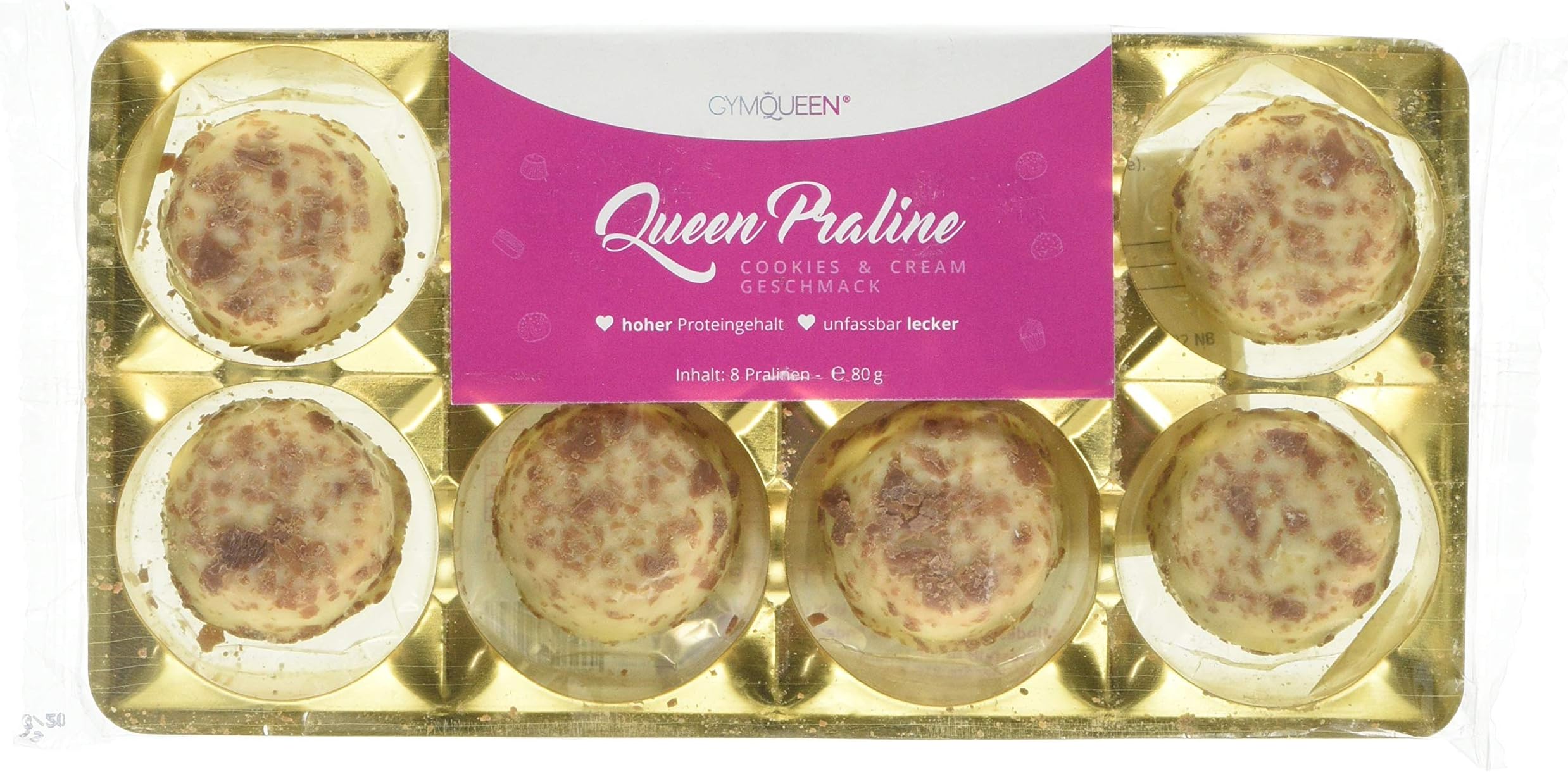 GymQueen Queen Low-Carb Praline (80g) Cookies and Cream, 8 Bars
