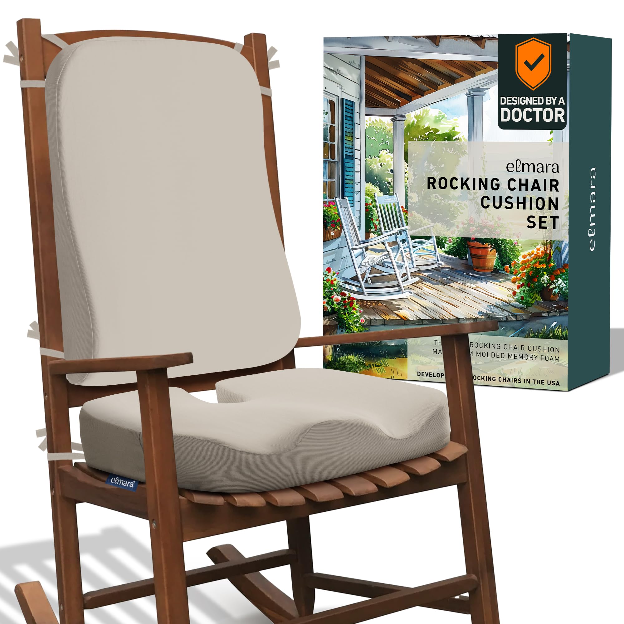 Photo 1 of Elmara Doctor-Designed Rocking Chair Cushion Set is The Ultimate Comfort Solution – Contour Jumbo Memory Foam Cushions – Rocking Chair Cushions Indoor – Durable Outdoor Rocker Cushions (Taupe)