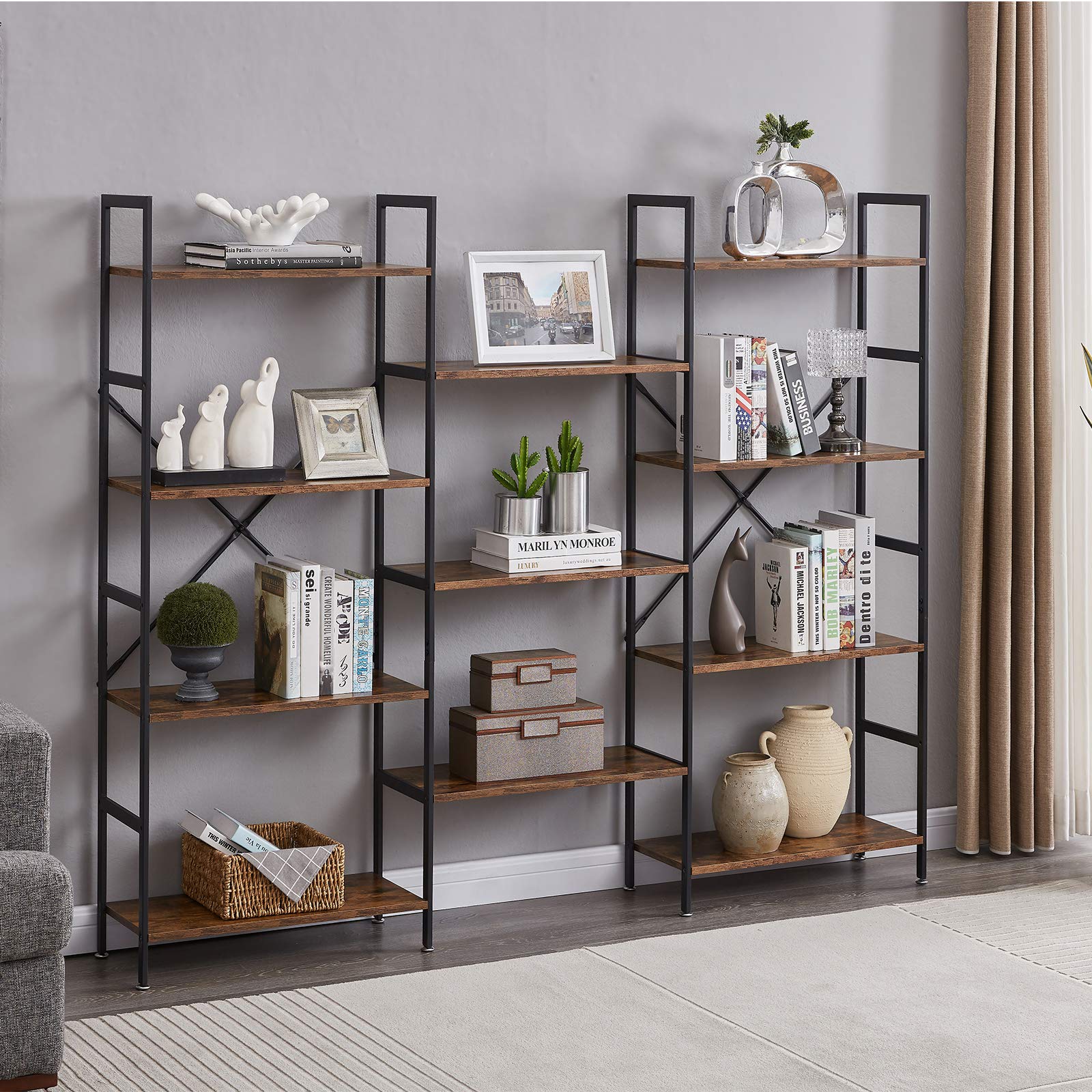 Buy Superjare Triple Wide 4Tier Bookshelf, Rustic Industrial Style