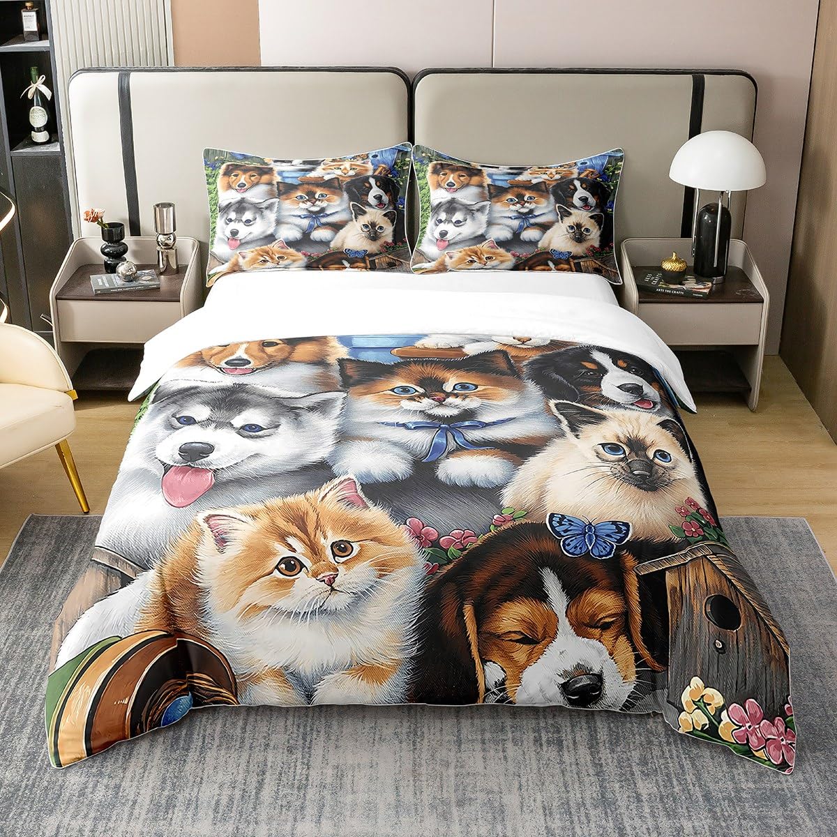 Cat Bedding 100% Cotton Sets Single for Boys Girls Kids,Kawaii Bedding Cute Animal Pet Kitten Comforter Cover,Lovely Kitten Puppy Duvet Cover,Cartoon Kawaii Dog Animal Design Soft Comfy Quilt Cover