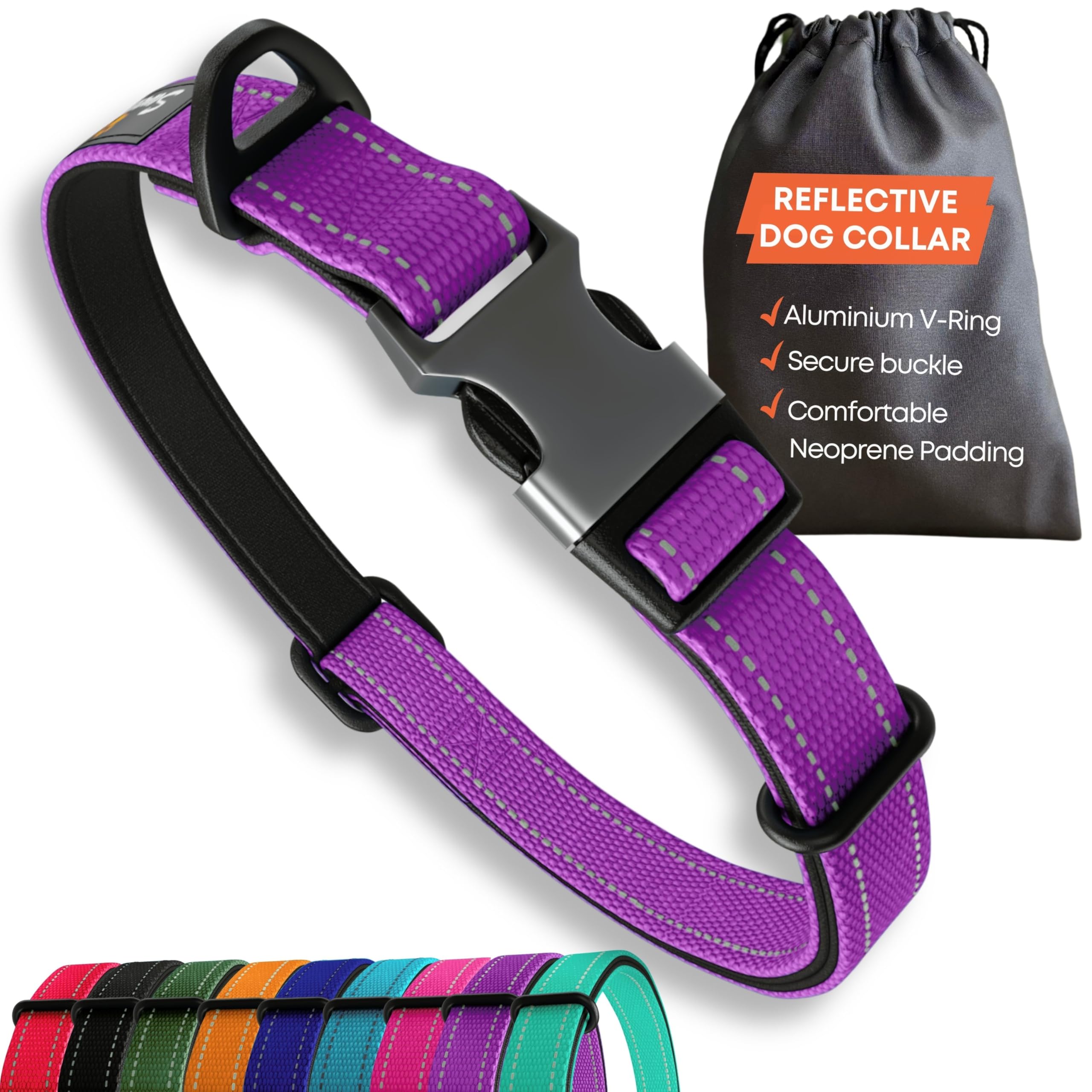 Purple Dog Collar Small Dogs – Strong Reflective Adjustable Padded Dogs Collars – Metal Buckle Aluminium V-ring Dog Safety
