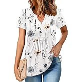 Zeagoo Womens Short Sleeve Tops Summer Henley V-Neck Tshirts Casual Pleated Blouse Dressy Loose Floral Basic Tee
