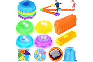 IVENRXIU Stepping Stones for Kids, Light Up Interlocking Balance Beam and Non-Slip Toddler Balance Stones, Obstacle Course Sensory Toys with Game Spinner and Card for Indoor Outdoor School Family Play