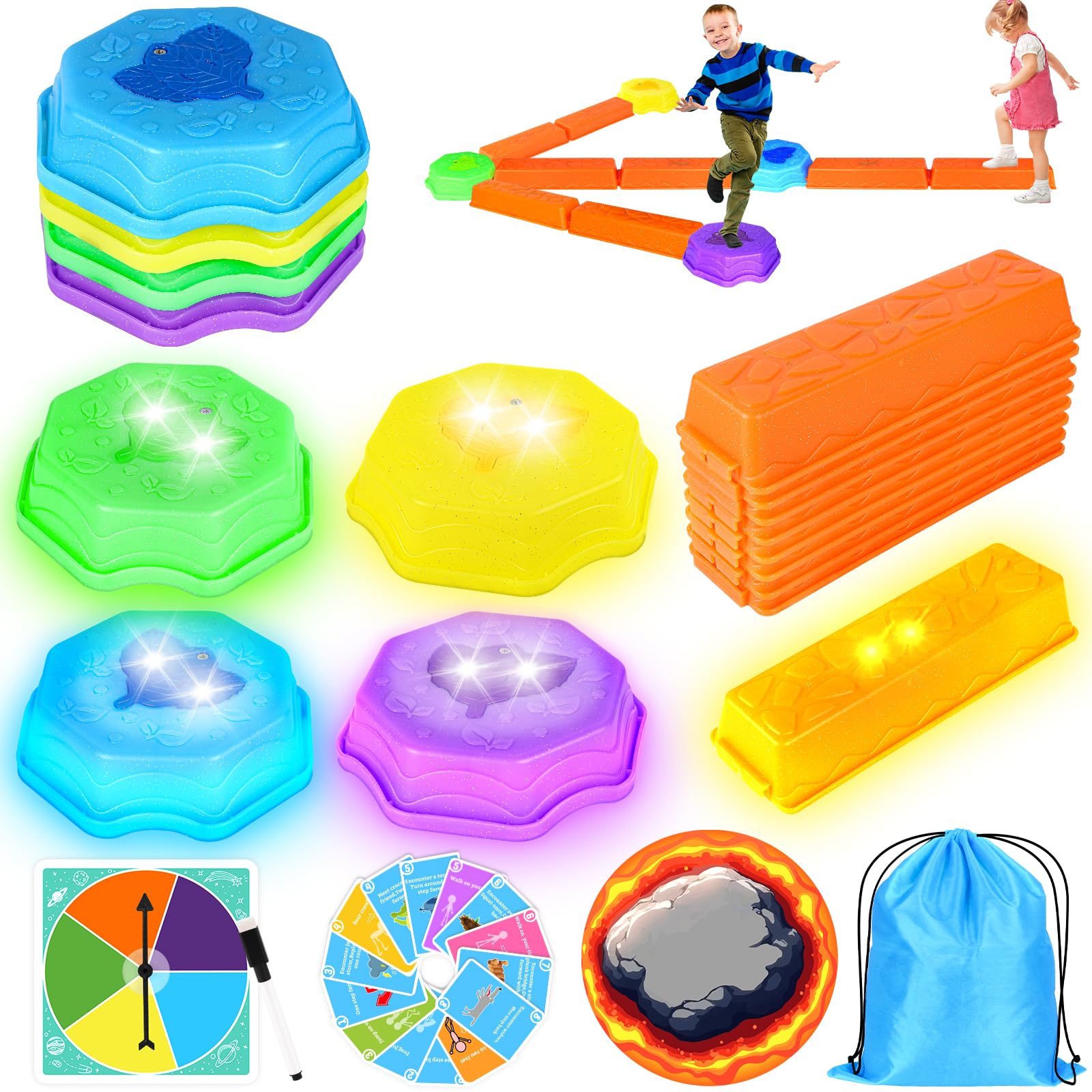 Photo 1 of IVENRXIU Stepping Stones for Kids, Light Up Interlocking Balance Beam and Non-Slip Toddler Balance Stones, Obstacle Course Sensory Toys with Game Spinner and Card for Indoor Outdoor School Family Play
