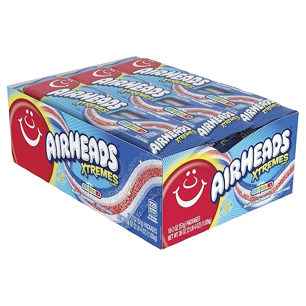 AIRHEADS XTREMES BELTS CANDY, CHEWY CANDY PACKAGE, BLUEST RASPBERRY FRUIT FLAVOR ARTIFICIALLY FLAVORED, 2 OUNCES (18-PACK)