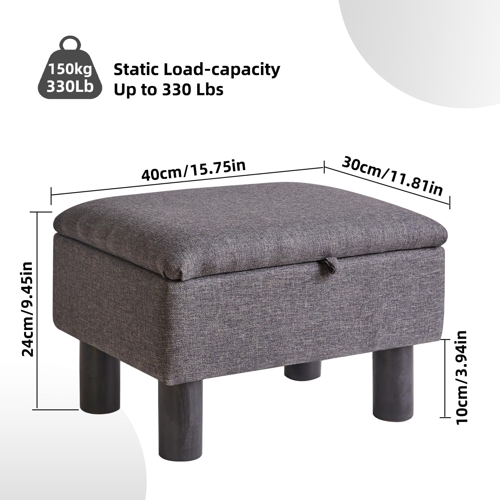 Aibiju Kleiner Pouffe-Fußhocker mit Stauraum, Leinenstoff-Pouf mit Holzbeinen, Schuhwechselhocker für Wohnzimmer und Schlafzimmer, Dunkelgrau, YD-JD1363 3