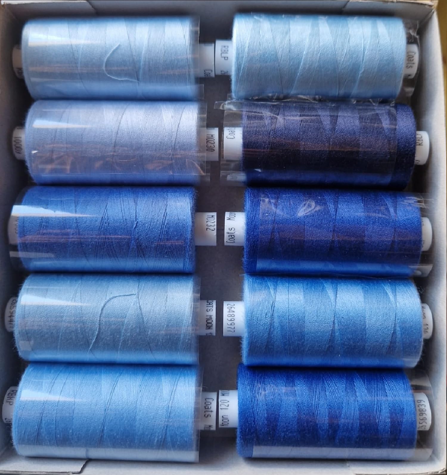 Polyester Sewing Thread 10x1000yds Assorted Blues…Coats Moon Assorted Sewing Thread Box of 10 reels