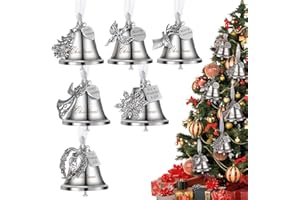 Jenaai 12 Set Christmas Bell Ornament Christmas Tree Hanging Ornament Best Wishes Bell Decorations with Ribbons Snowflake Angels Heart Deer Pendants(Silver)