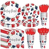 Owelleny Berry First Birthday Plates and Napkins Party Supplies for Kids, Fruit Blueberry Strawberry 1st Birthday Party Decorations Tableware, Paper Plate, Cup, Napkin, Disposable Cutlery, Serves 24