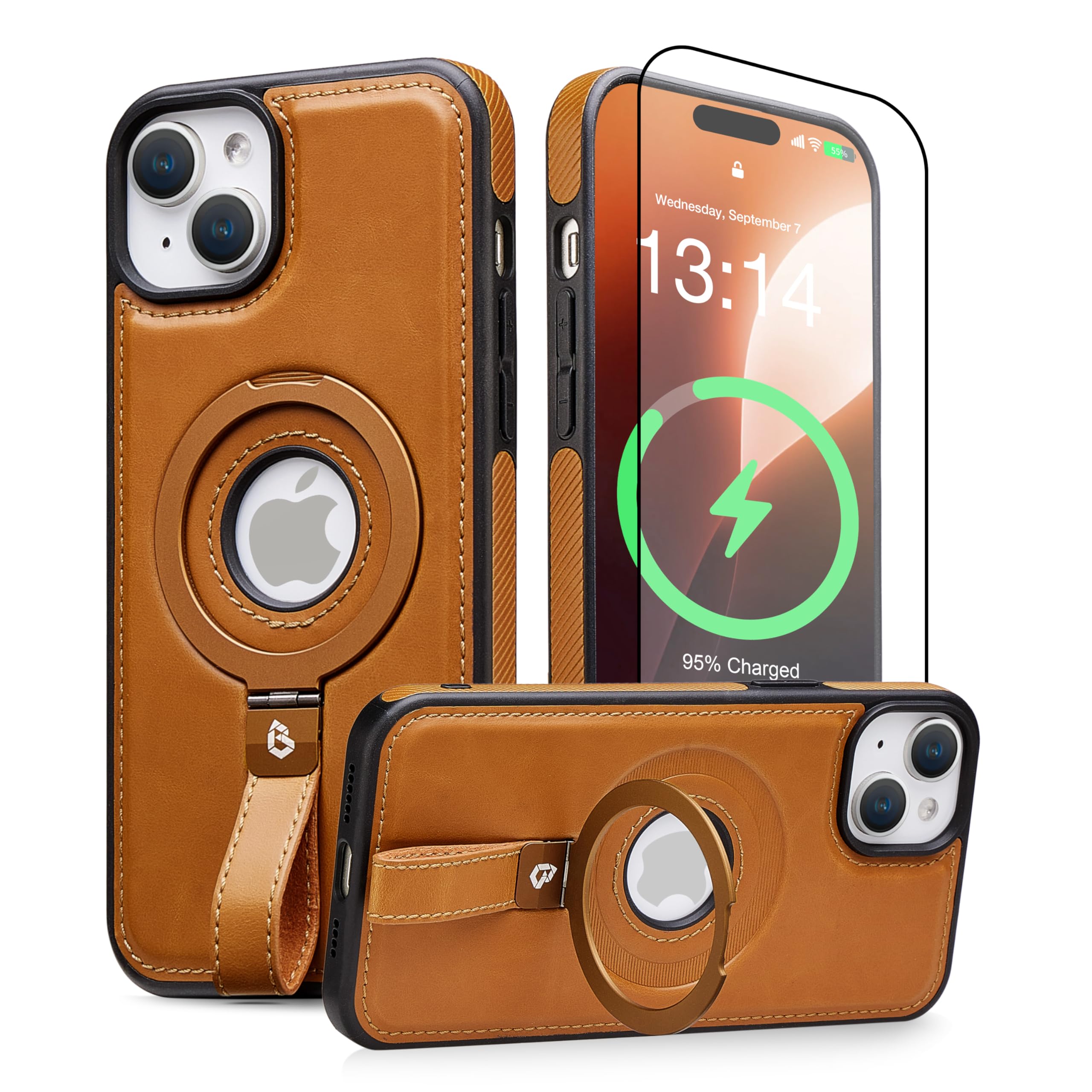 Photo 1 of BUTAIGA for iPhone 15 Case Leather | iPhone 15 Leather Case with Stand | Compatible with MagSafe with Magnetic Ring Grip Holder (Brown, IP15-6.1inch)