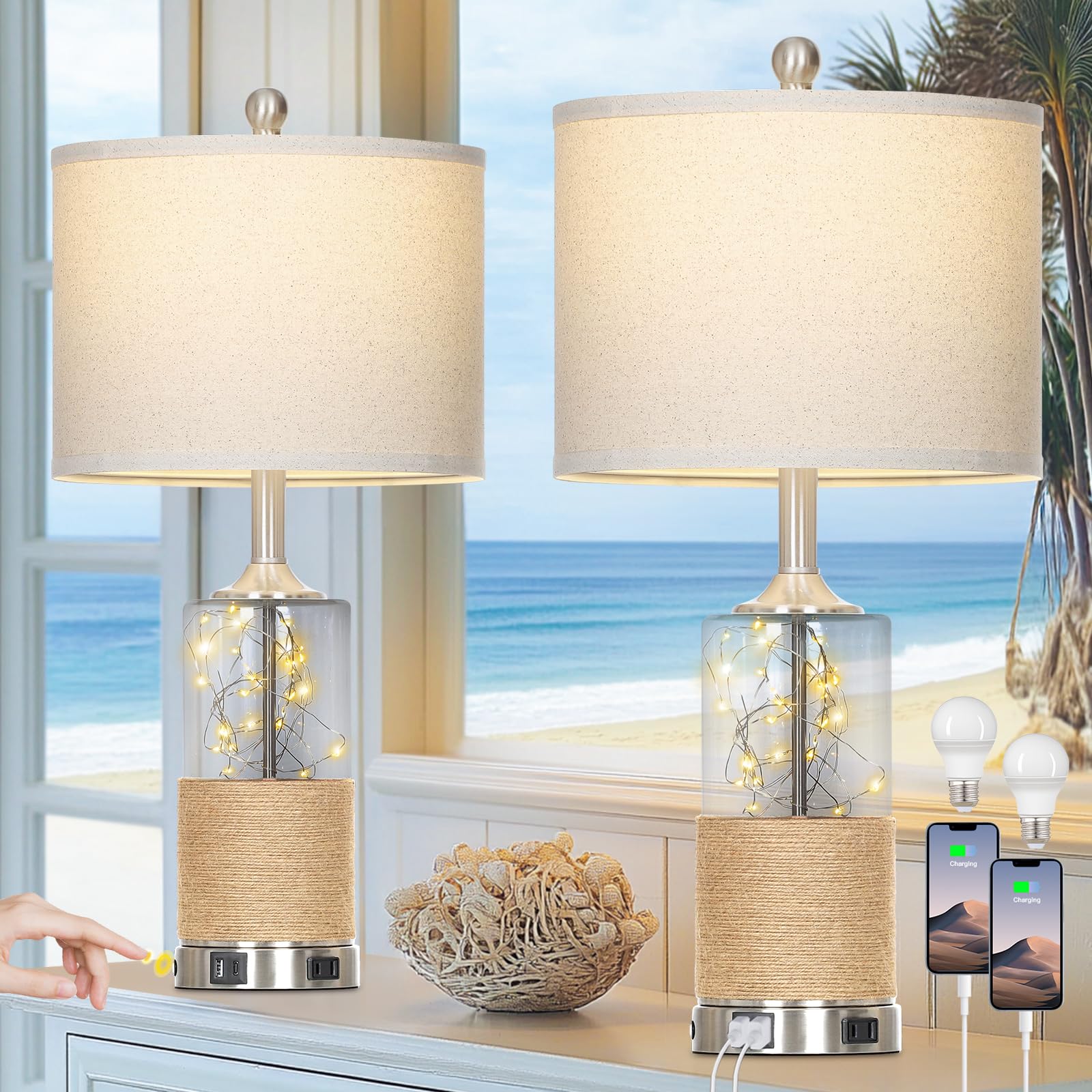 Photo 1 of 25" Coastal Glass Lamps Set of 2, Touch Control 3-Way Dimmable Night Light Modern Table Lamp with USB A+C Ports & AC Outlets Linen Fabric Shade for Living Room Bedroom Silver Ocean(LED Bulbs Included)