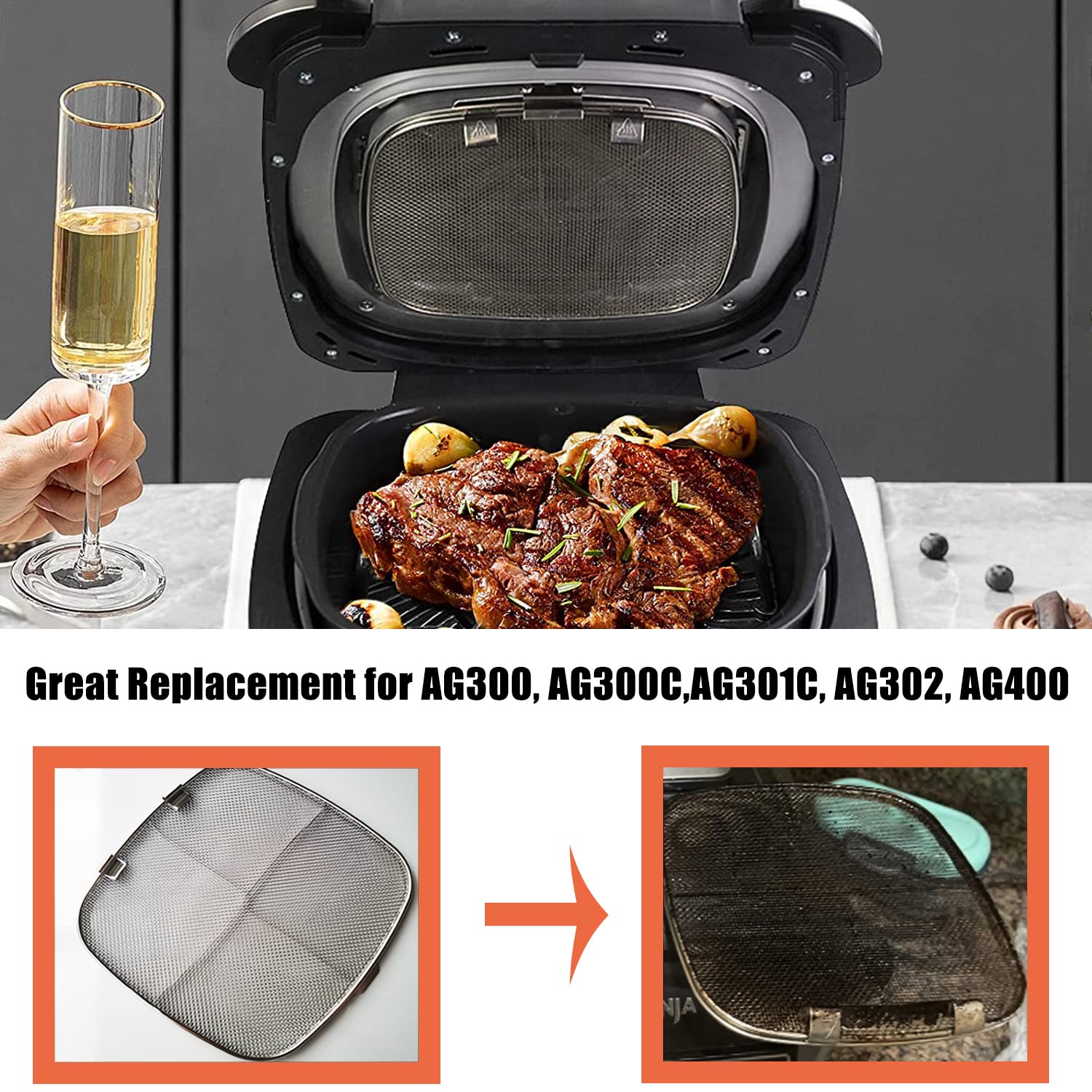 Stainless Steel Splatter Shield Replacement for Ninja Foodi AG301, Air Fryer Accessories for Ninja Foodi 5-in-1 Indoor Grill, Replacement Parts for Ninja AG300, AG300C,AG302 (For AG301 Series)
