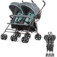 Dream On Me Volgo Twin Umbrella Stroller in Mint, Lightweight Double Stroller for Infant & Toddler, Compact Easy Fold, Large Storage Basket, Large and Adjustable Canopy