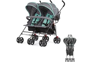 Dream On Me Volgo Twin Umbrella Stroller in Mint, Lightweight Double Stroller for Infant & Toddler, Compact Easy Fold, Large Storage Basket, Large and Adjustable Canopy