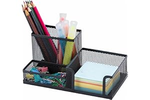 Baoswi 3 Compartments Black Mesh Pen Holder - Multipurpose Mesh Desk Organizers Large Capacity Office Supplies with Sticky No