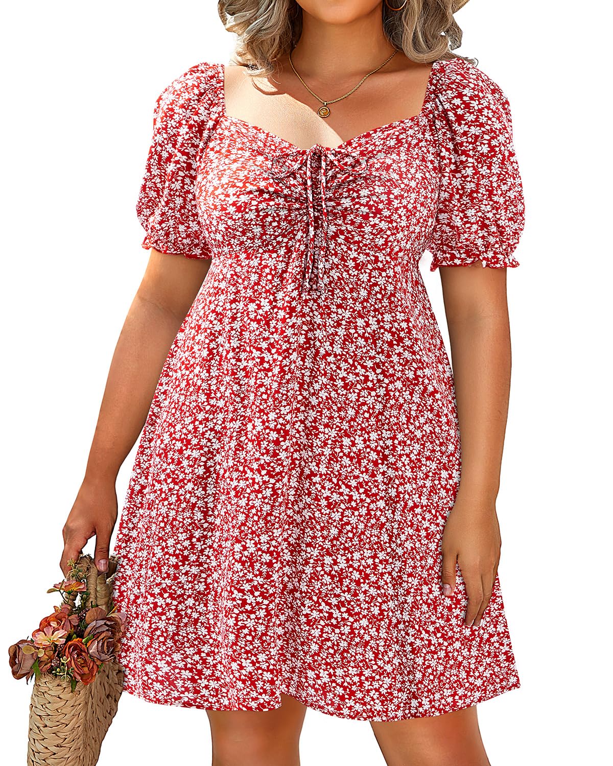 Photo 1 of Pinup Fashion Red Floral Sundress Plus Size Summer Casual Cute Puff Sleeve Milkmaid Smocked Boho Short Babydoll Mini Dresses 2024